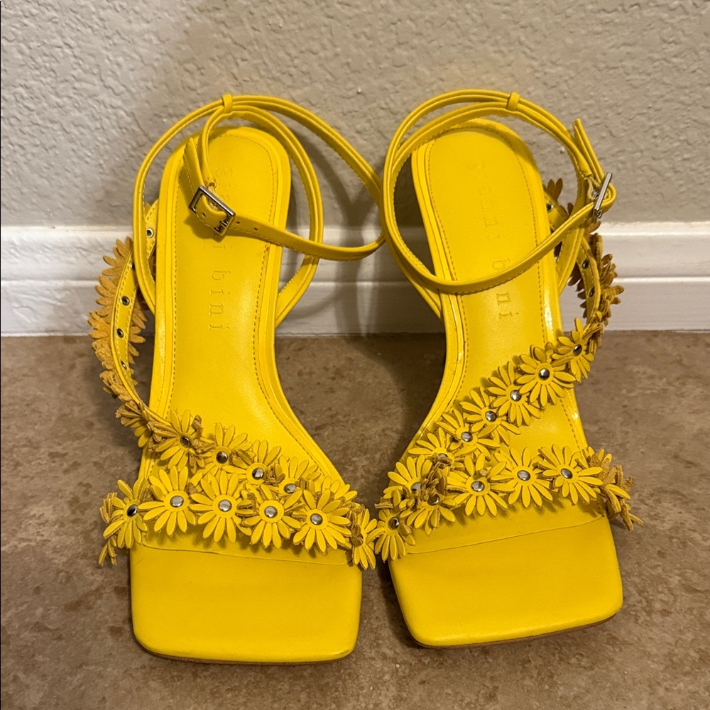 Yellow Floral Women's Heeled Sandals - Picture 2 of 6